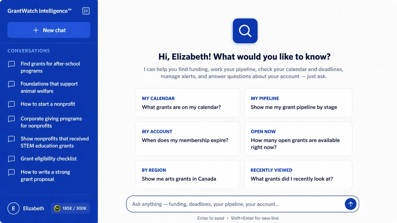GrantWatch Intelligence&trade; surfacing matched grant opportunities, deadlines, and award ranges in real time.
